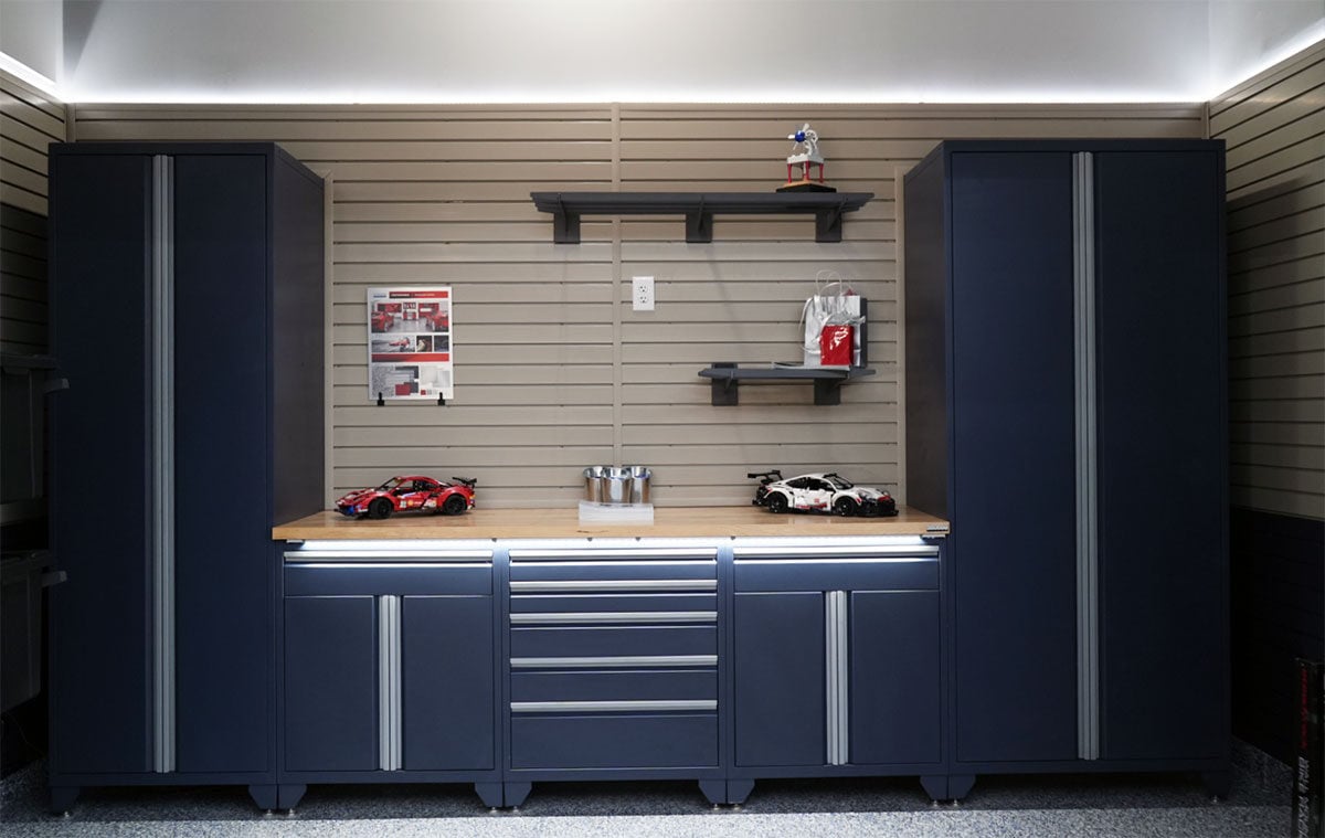 Dallas Showroom - Blue Cabinetry - Garage Living