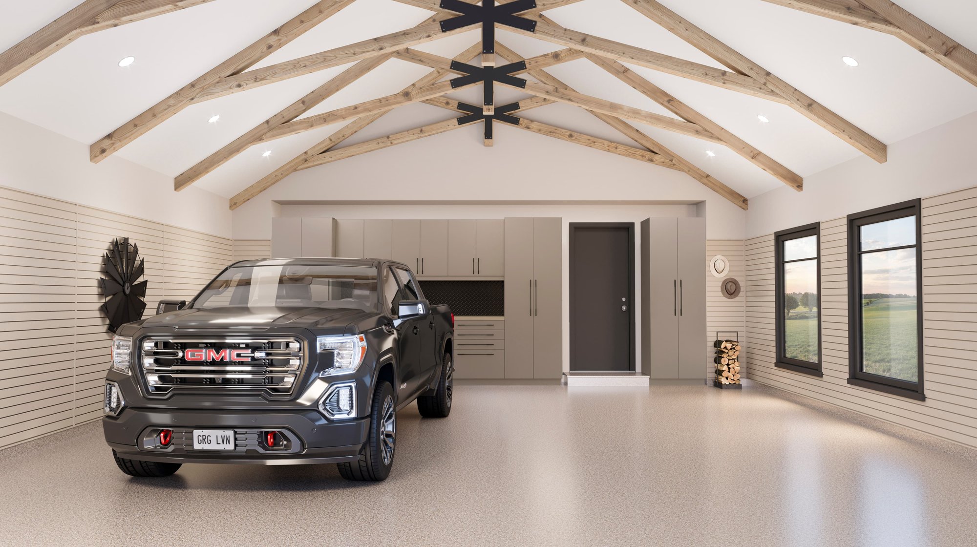 Garage Living UpCOUNTRY: Modern garage design with natural elements and clean lines.